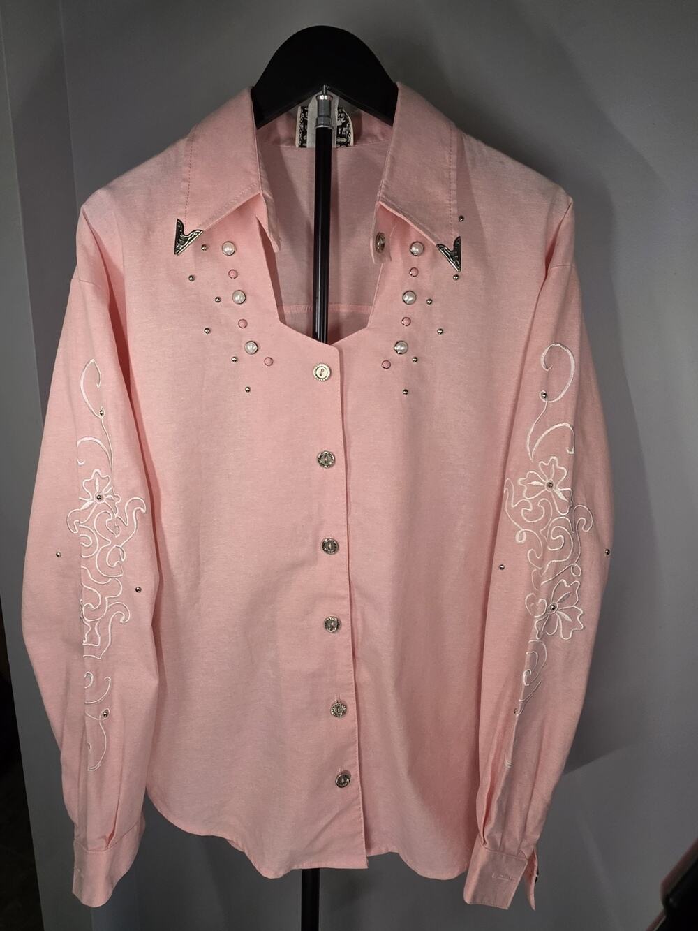 VTG 1849 Authentic Ranchwear Womens Pink Western Embroidered Studded Denim Shirt